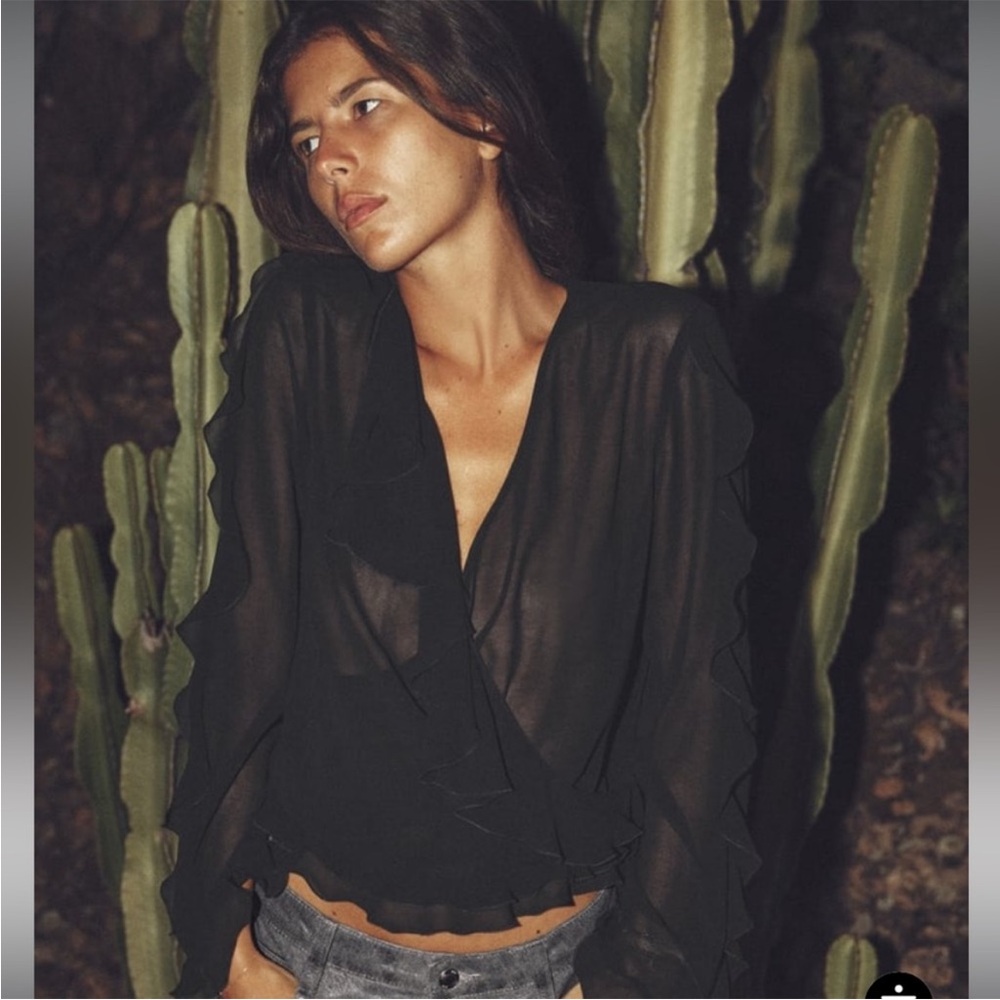 Zara Black Sheer Ruffle Top Wrap NWT